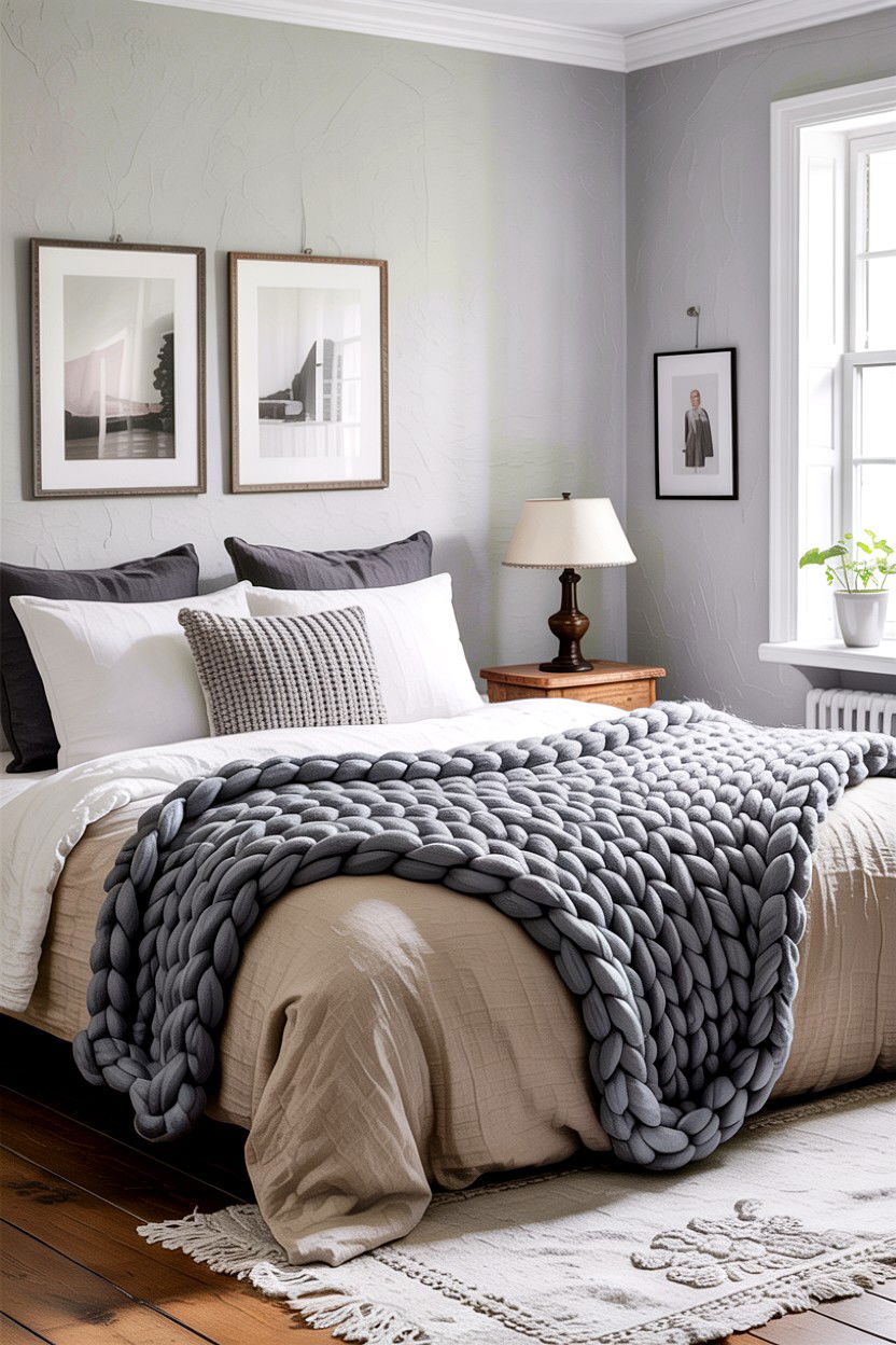 Chunky Knit Grey Blanket - 30 rustic grey bedroom ideas