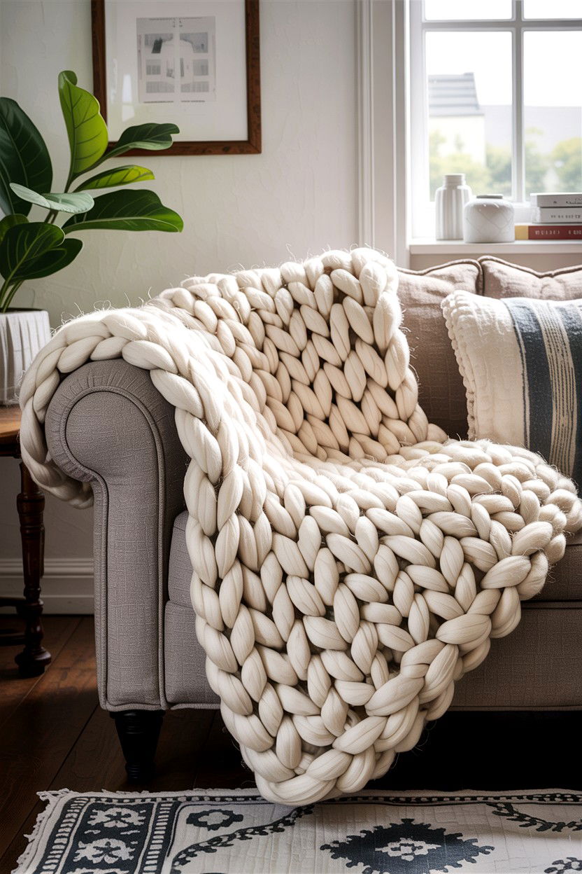 Chunky Knit Throw - 30 living room farmhouse furniture ideas