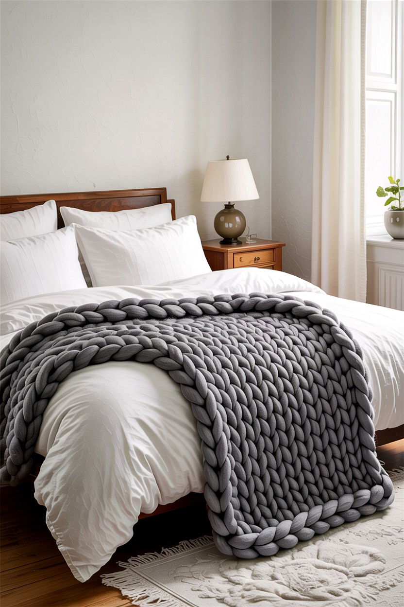 Chunky Knit Throw Blanket - 30 bedroom layered bedding ideas