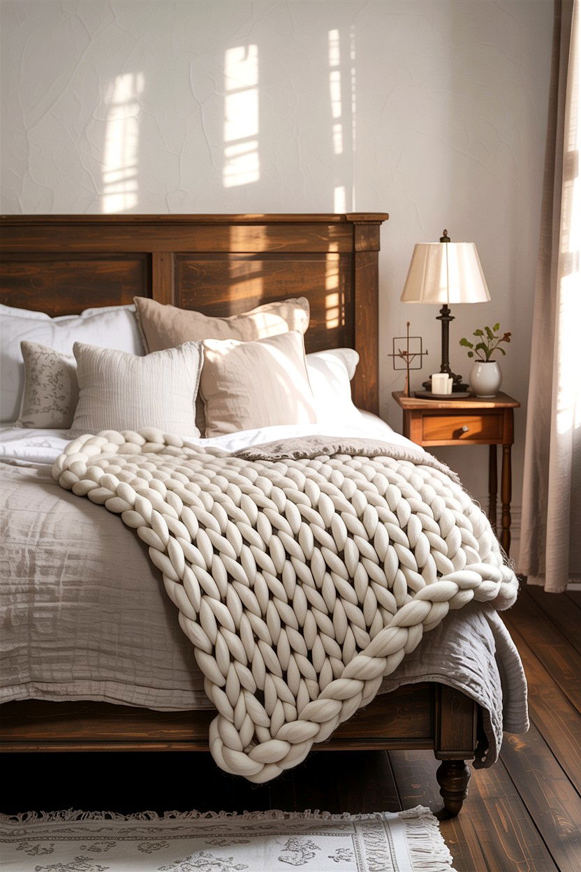 Chunky knit throw blanket - 30 rustic cream bedroom ideas