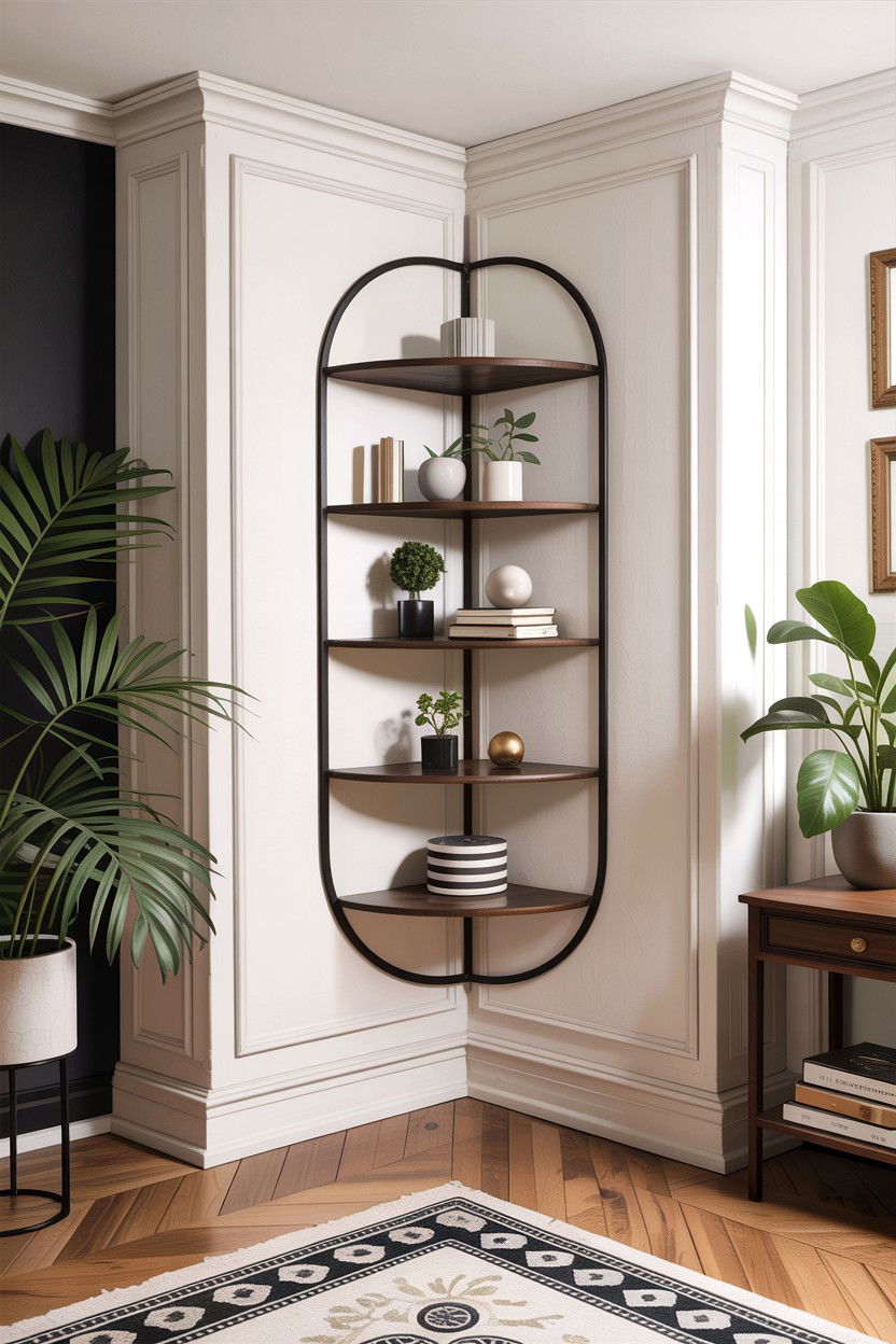 Circular corner wall shelf - 30 living room corner shelf ideas
