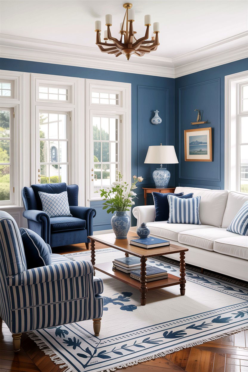 Classic blue and white living room - 30 hamptons living room ideas