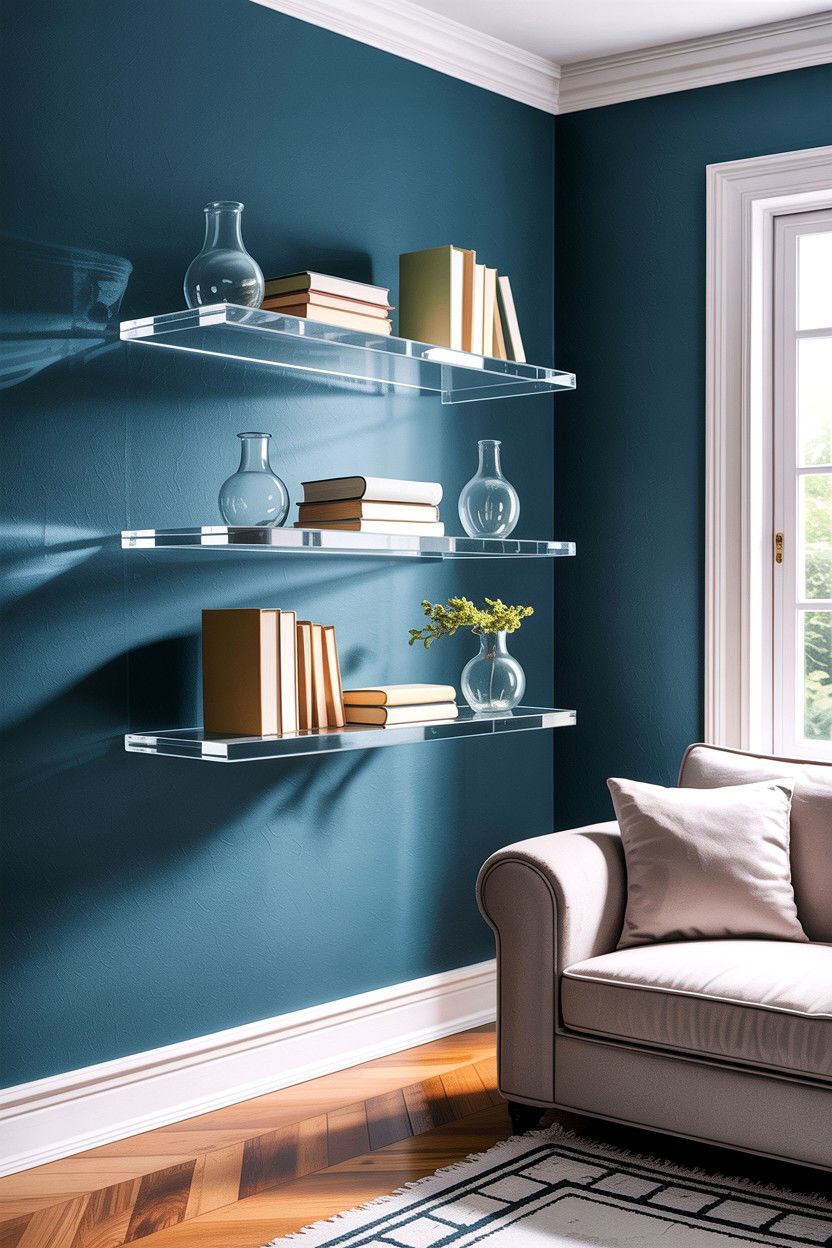 Clear Acrylic Shelves - 30 small living room space storage ideas