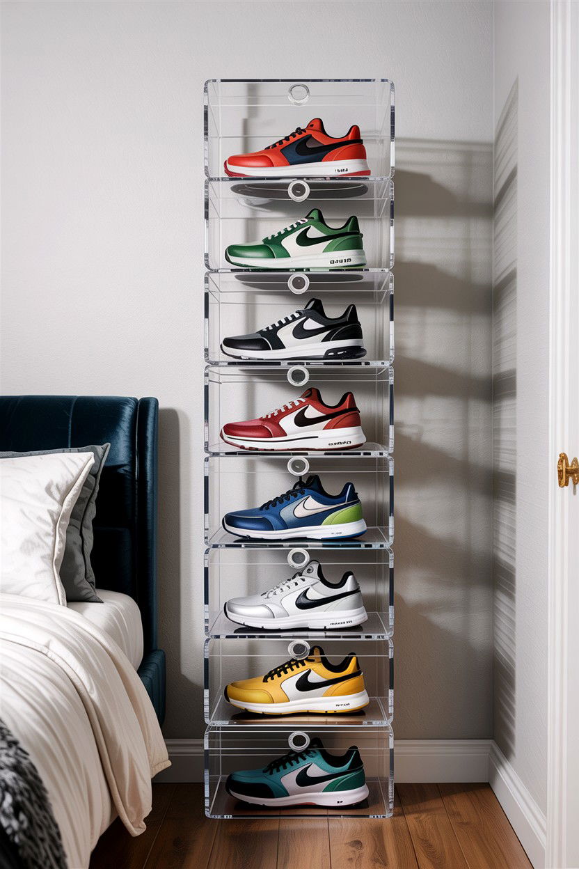Clear Acrylic Shoe Boxes - 30 bedroom shoe storage ideas