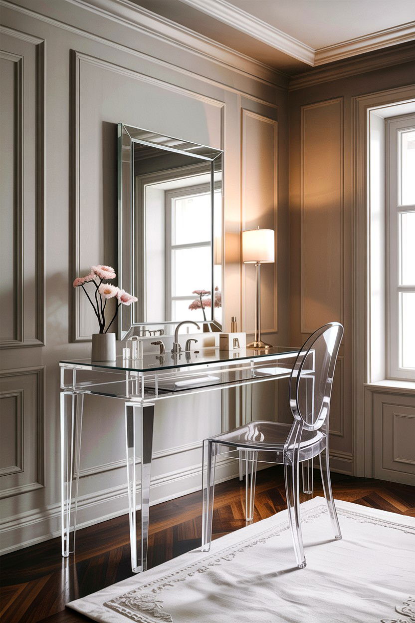 Clear Acrylic Vanity - 30 bedroom corner vanity ideas