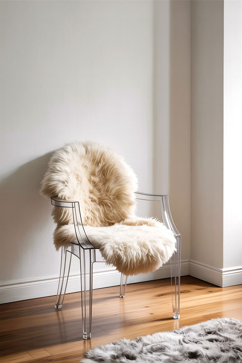 Clear acrylic chair with sheepskin - 30 living room ghost chair ideas