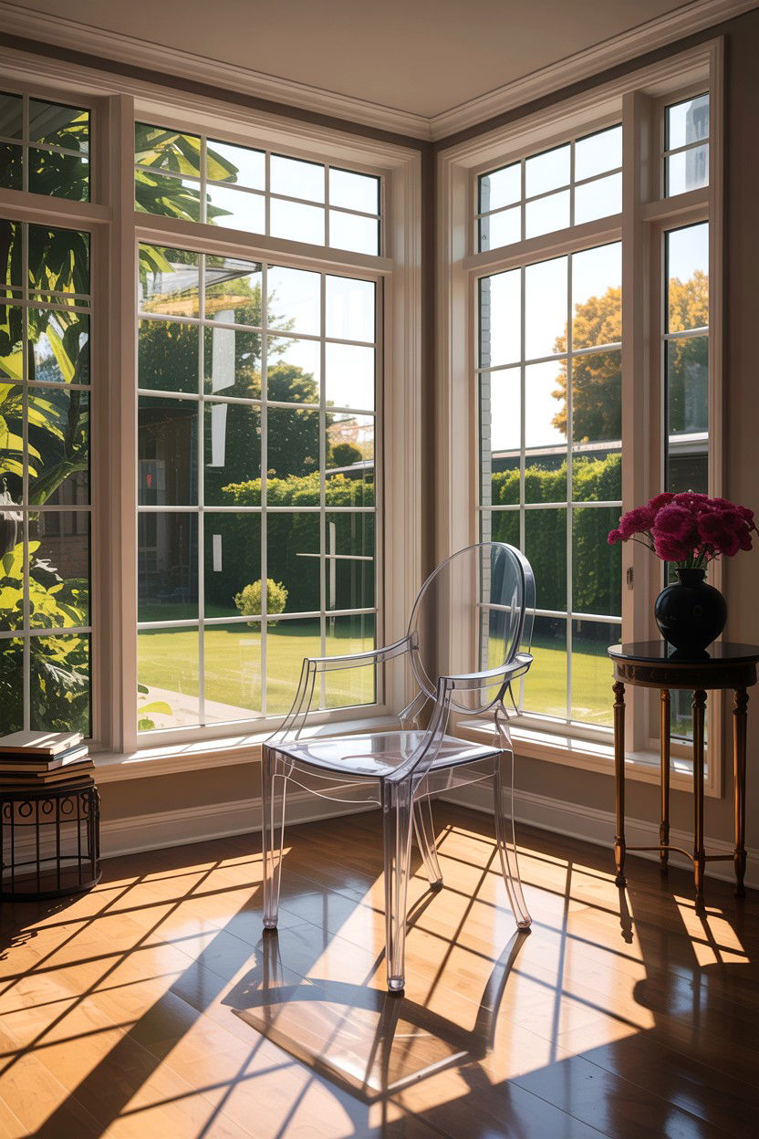 Clear chair for window seating - 30 living room ghost chair ideas