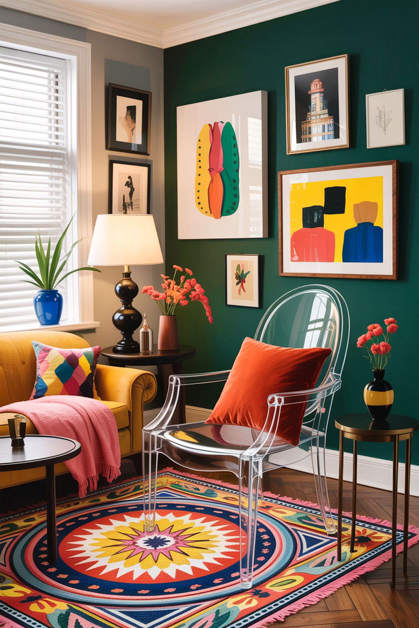 Clear chair in eclectic living room - 30 living room ghost chair ideas