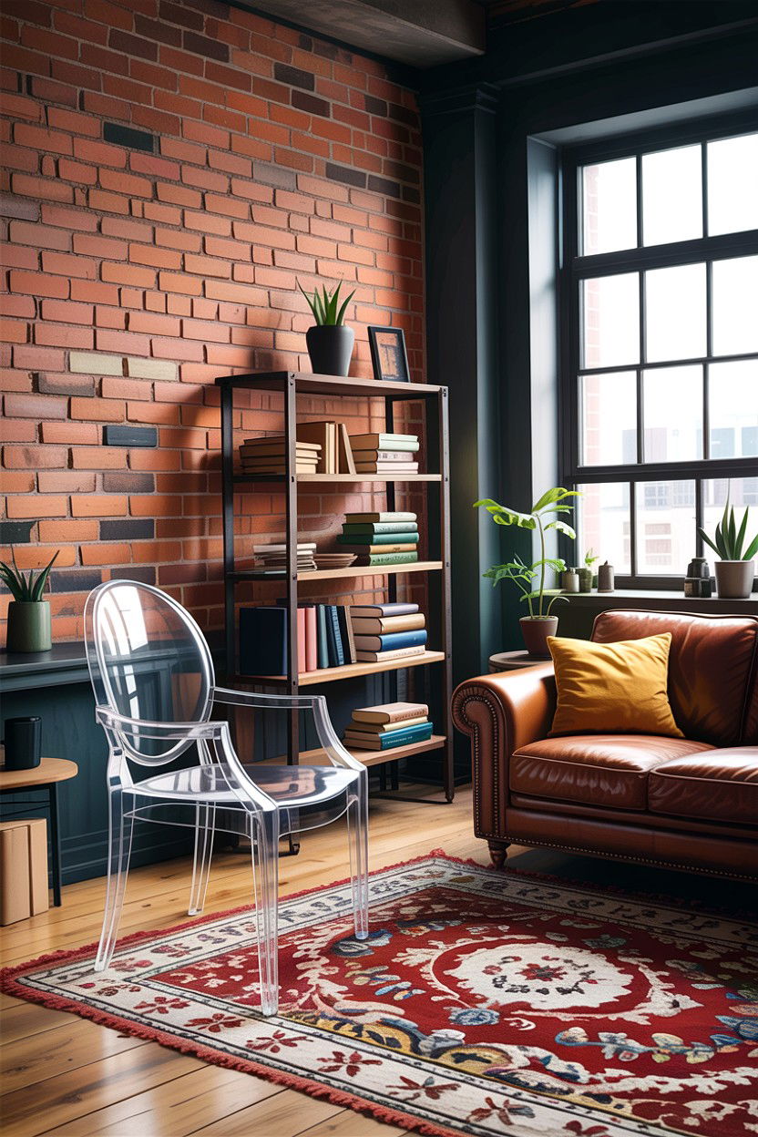 Clear chair in industrial living room - 30 living room ghost chair ideas