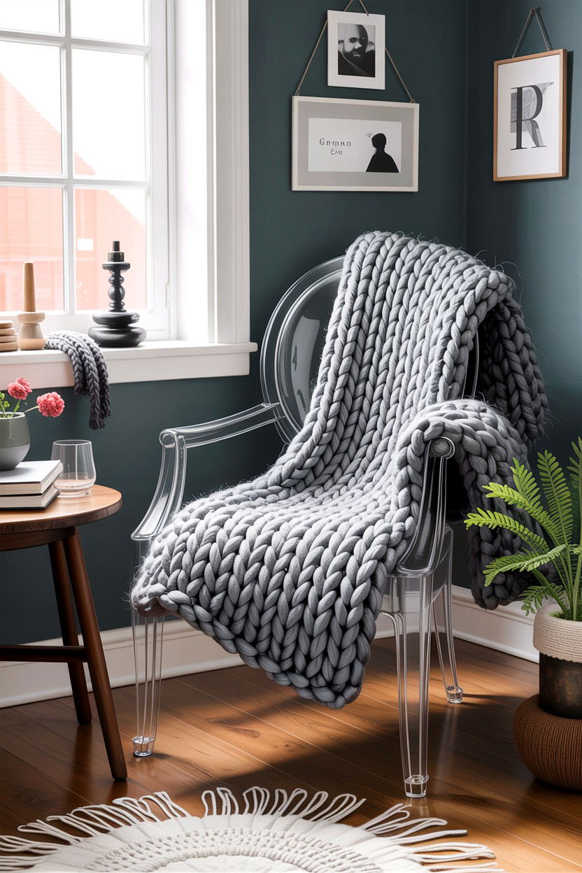 Clear chair with chunky knit throw - 30 living room ghost chair ideas