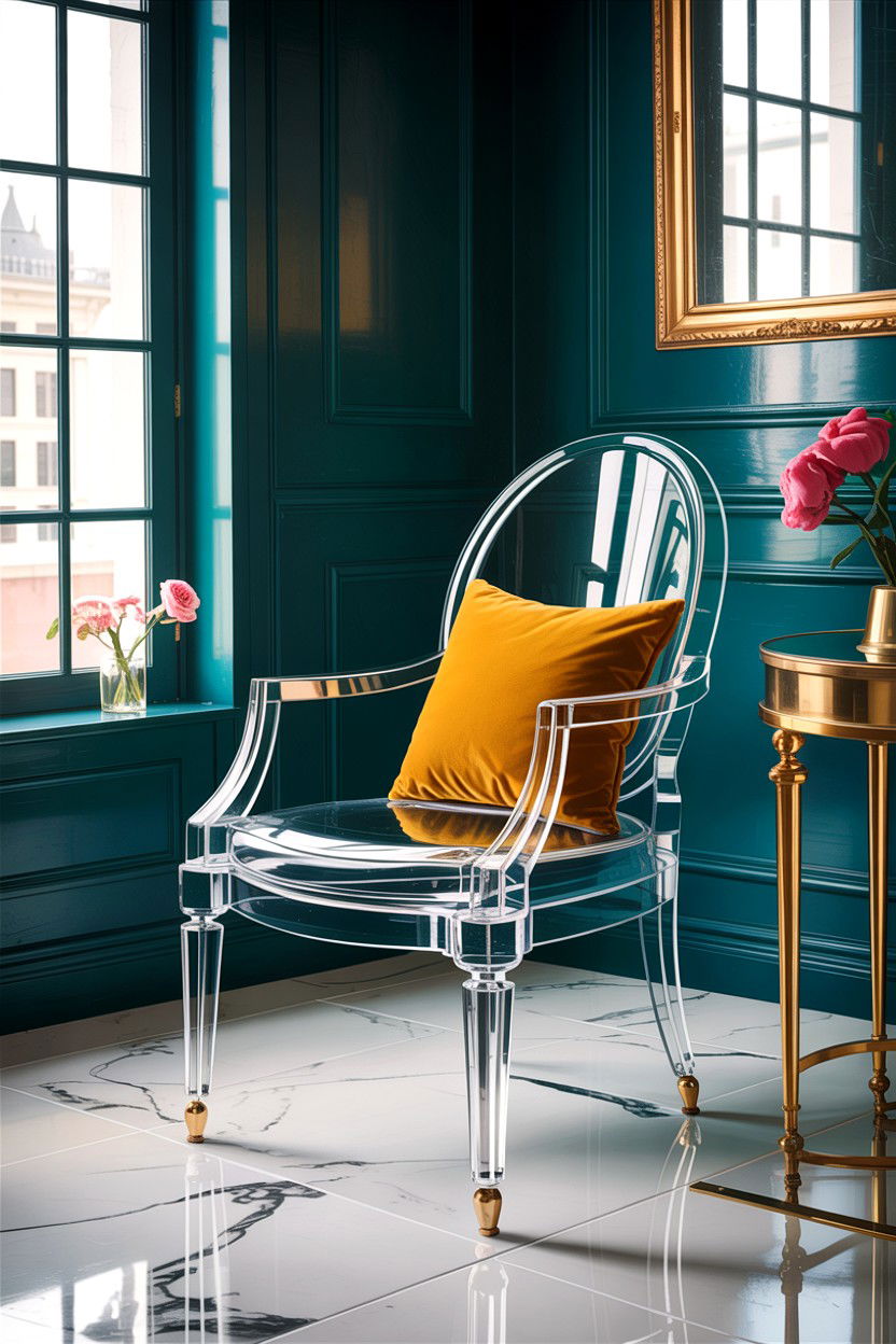 Clear chair with gold legs - 30 living room ghost chair ideas