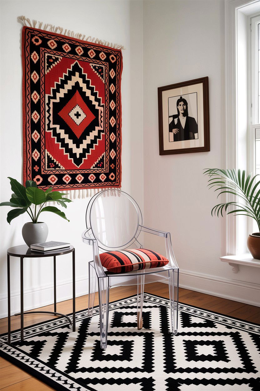 Clear chair with patterned rug - 30 living room ghost chair ideas
