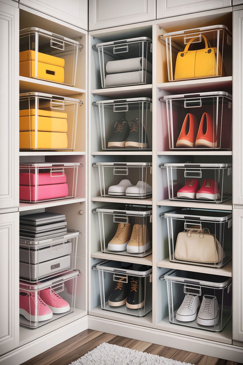 Clear plastic storage bins - 30 bedroom organization ideas