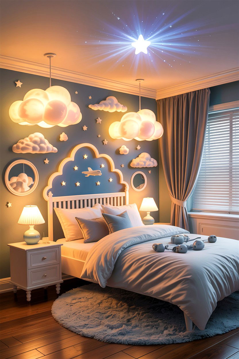 Clouds and Stars Lighting - 30 airplane bedroom ideas