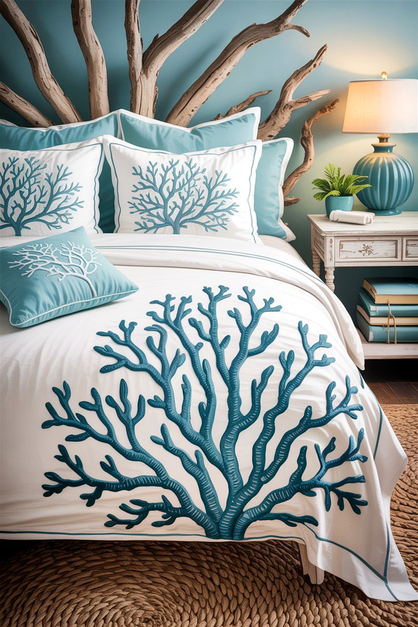 Coastal Coral Stitched Accents - 30 embroidered bedroom ideas