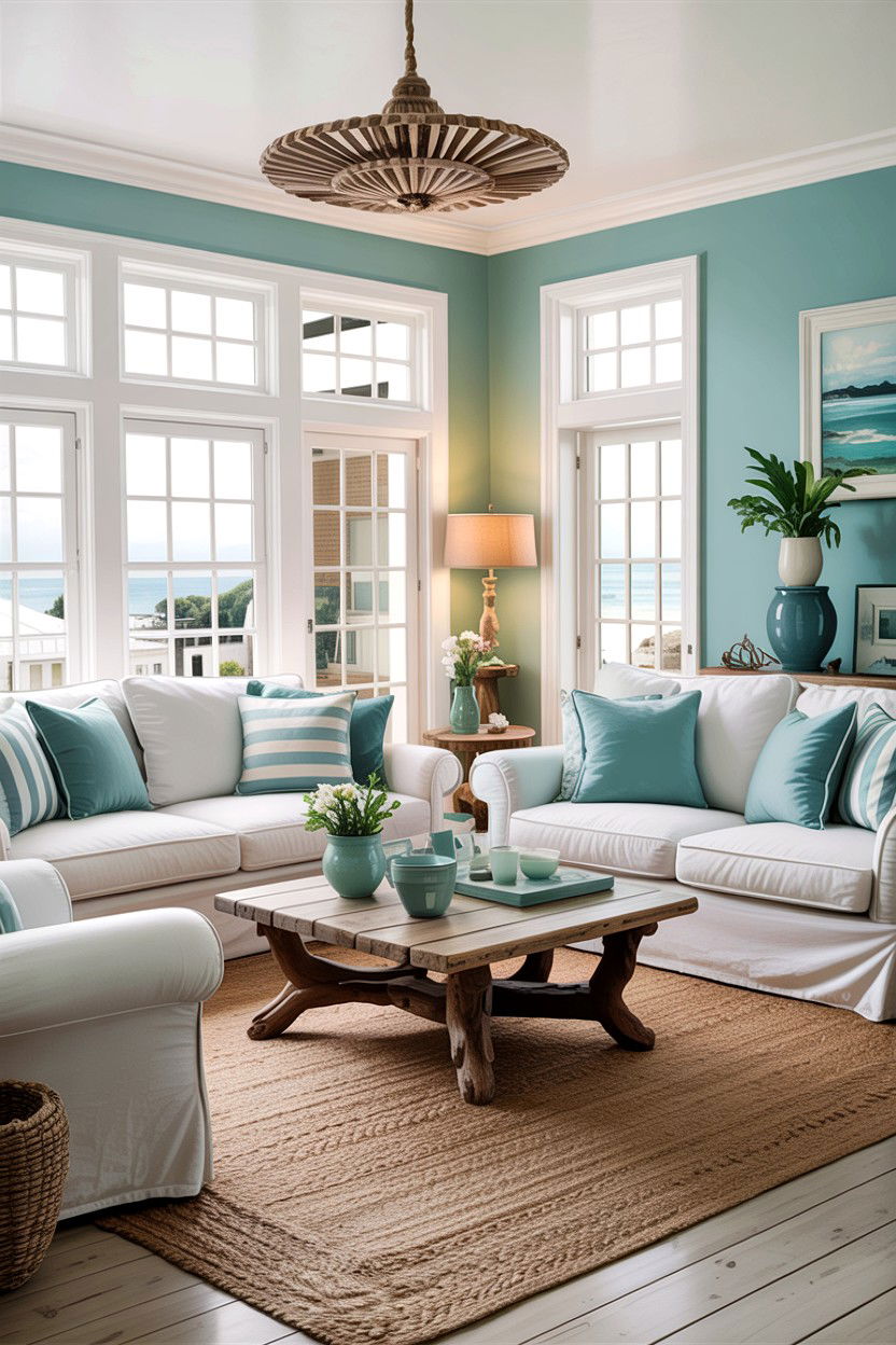 Coastal Teal White Living Room - 30 teal and white living room ideas