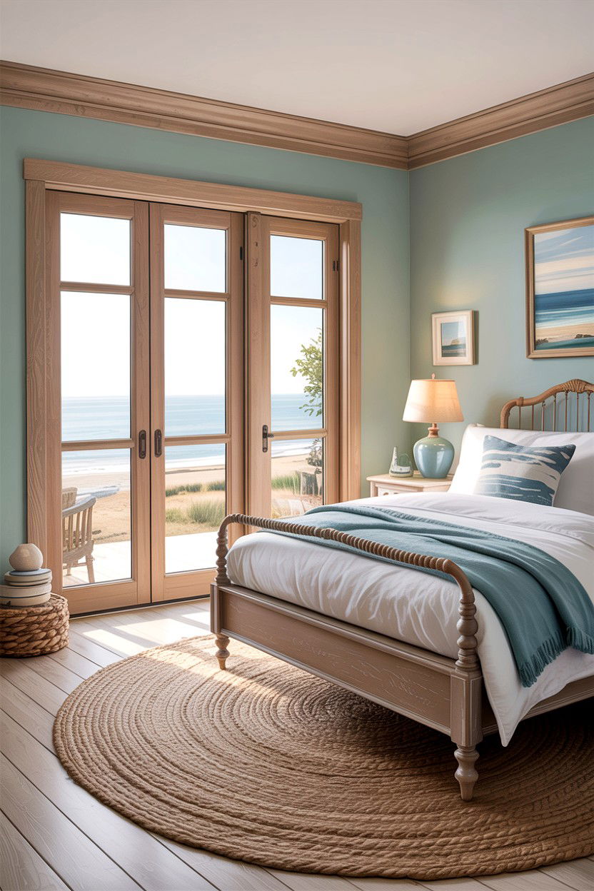 Coastal bedroom with light wood patio doors - 30 bedroom with patio doors