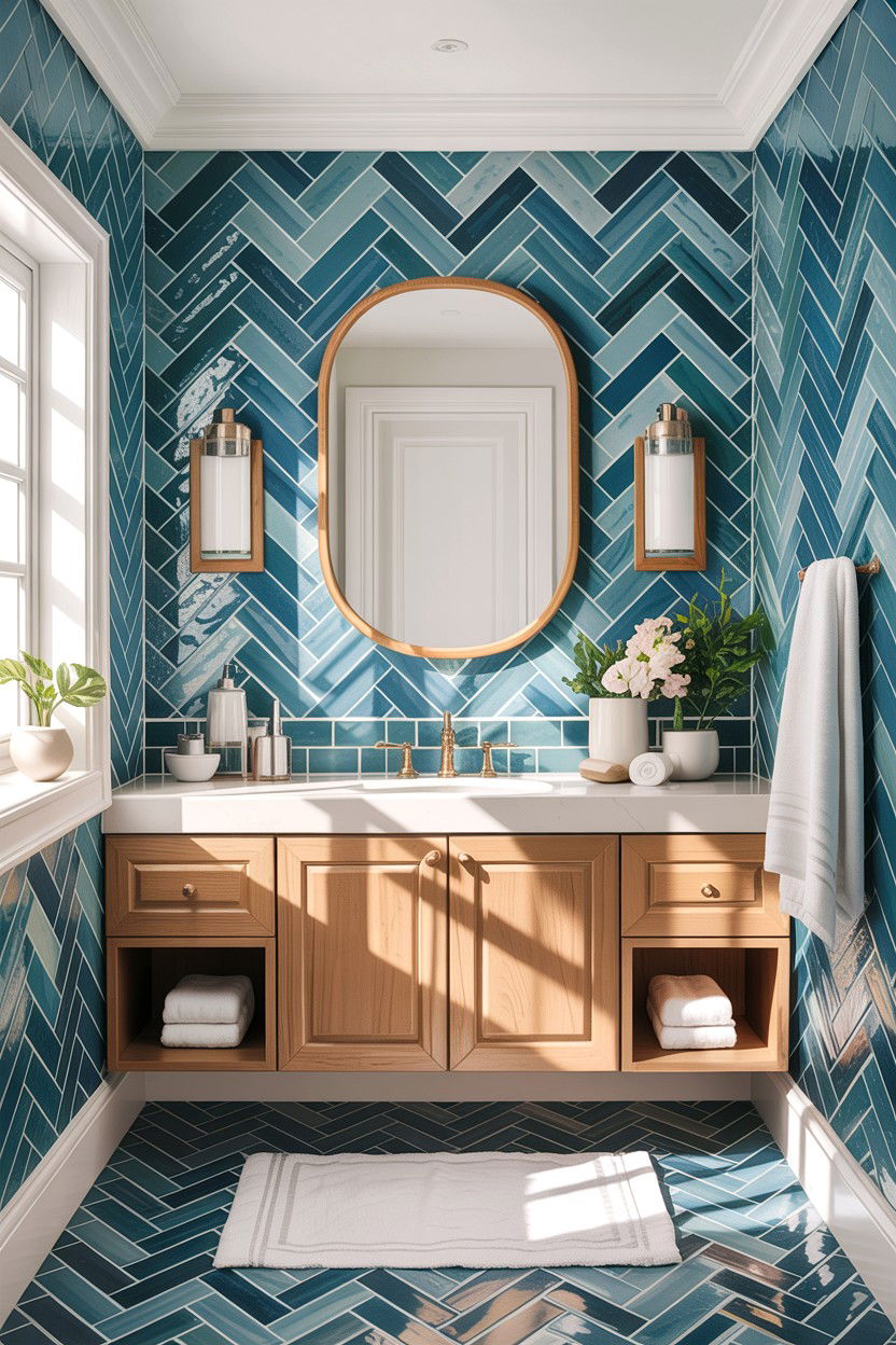 Coastal blue herringbone bathroom - 30 herringbone pattern bathroom ideas