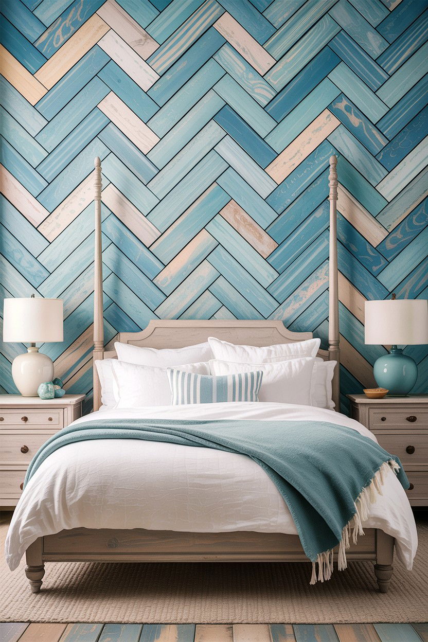 Coastal blue herringbone wall - 30 bedroom herringbone wall ideas