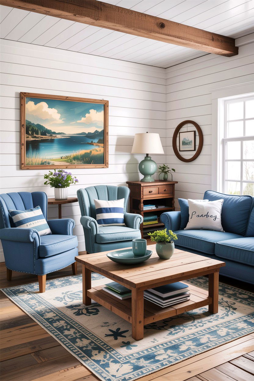 Coastal farmhouse style - 30 blue and white living room ideas
