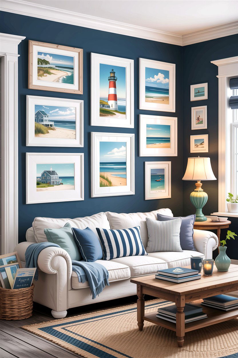 Coastal gallery wall - 30 cape cod living room ideas