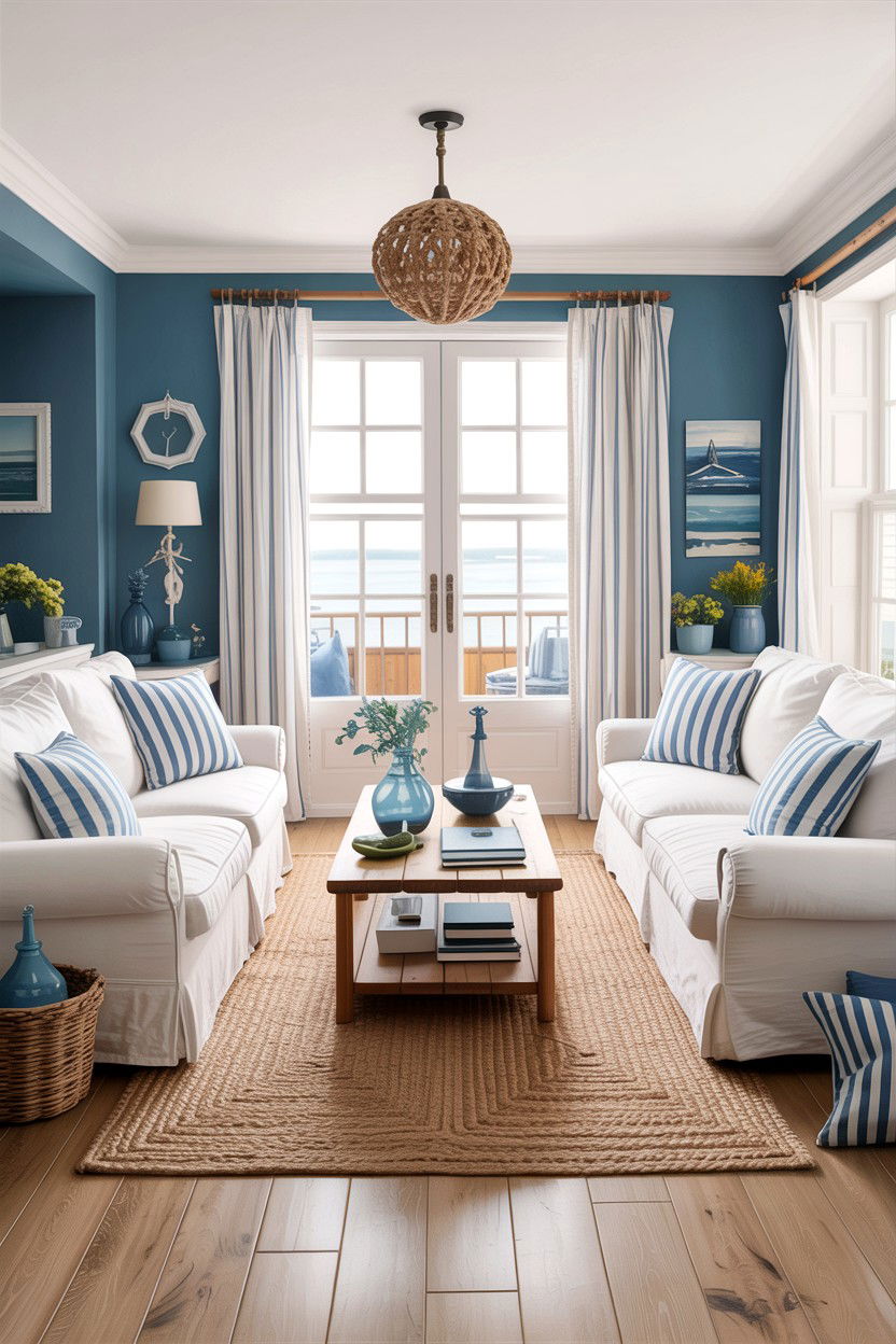 Coastal living room - 30 blue and white living room ideas