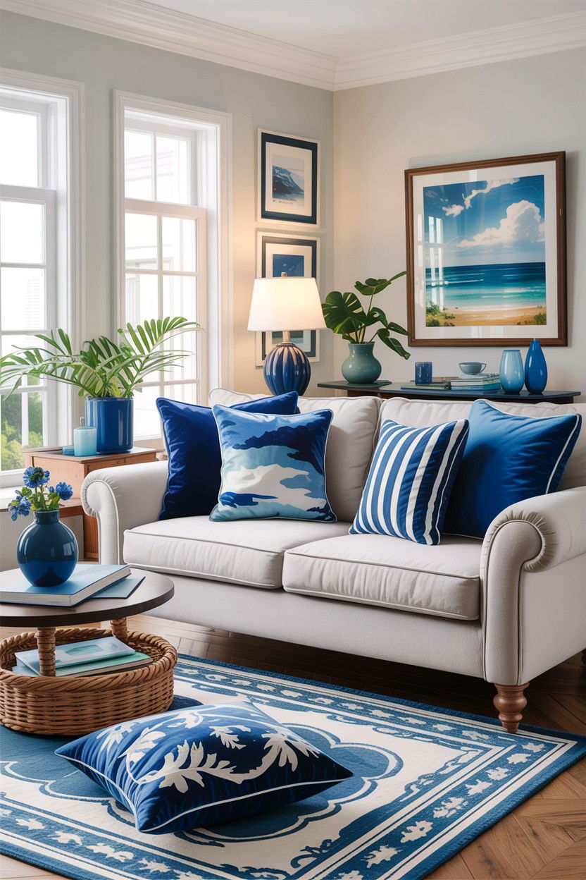Coastal living room with blue pillows - 30 coastal chic living room ideas
