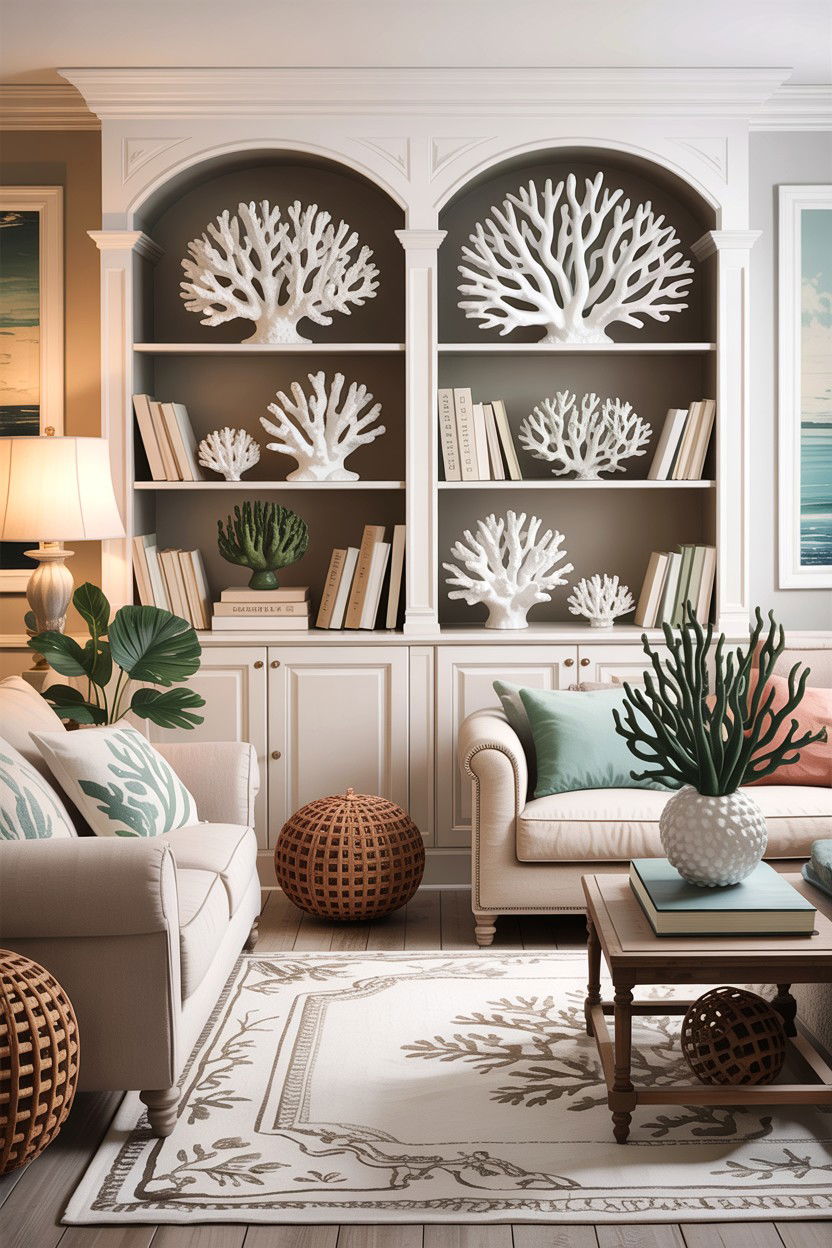 Coastal living room with coral decor - 30 coastal chic living room ideas