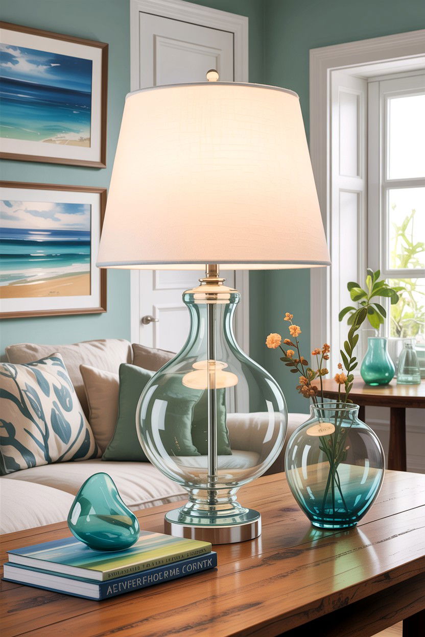 Coastal living room with glass lamps - 30 coastal chic living room ideas
