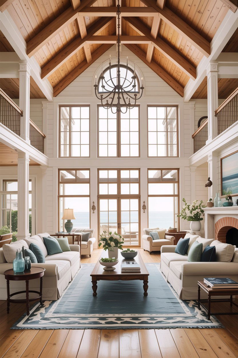 Coastal living room with high ceilings - 30 hamptons living room ideas