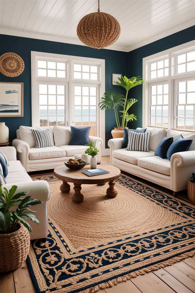 Coastal living room with jute rug - 30 hamptons living room ideas