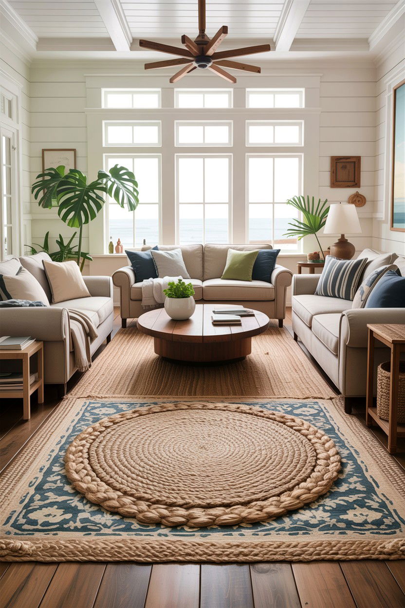 Coastal living room with jute rug - 30 coastal chic living room ideas