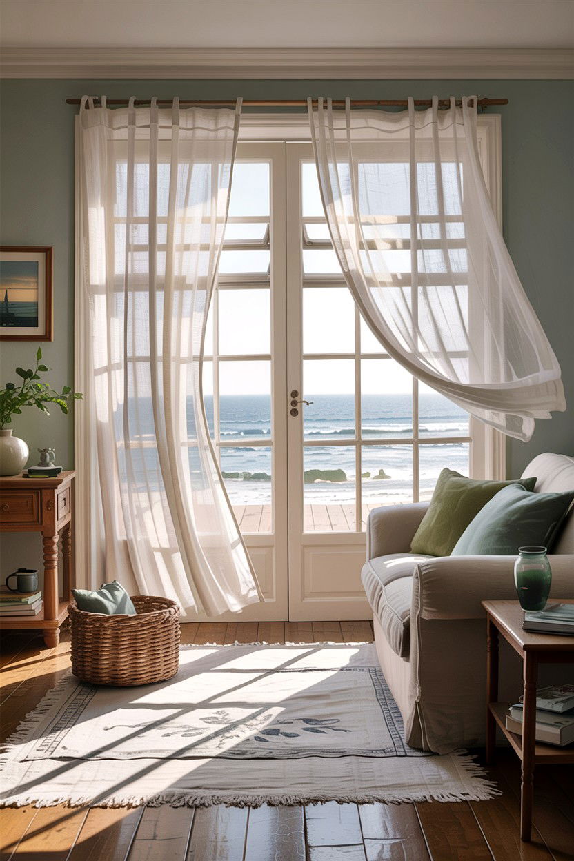 Coastal living room with linen curtains - 30 coastal chic living room ideas