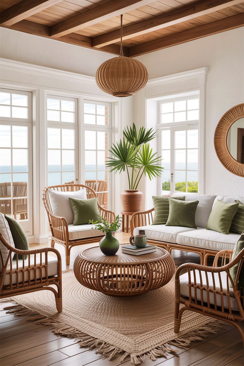 Coastal living room with rattan furniture - 30 hamptons living room ideas
