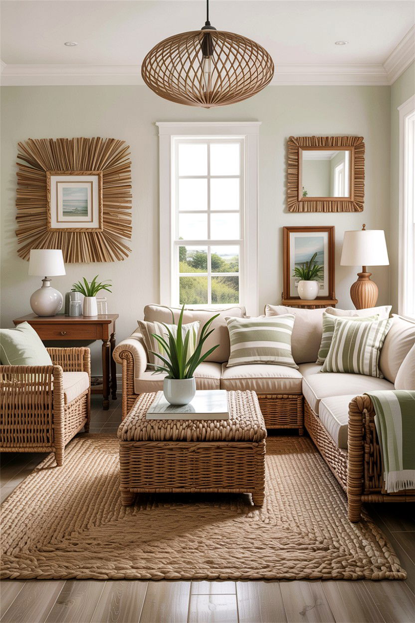 Coastal living room with seagrass accents - 30 coastal chic living room ideas