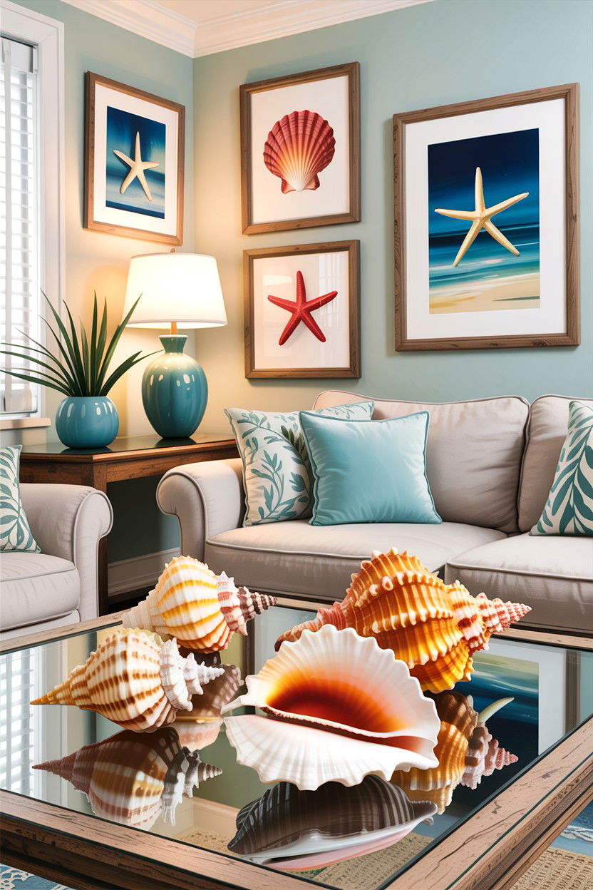 Coastal living room with shell decor - 30 coastal chic living room ideas