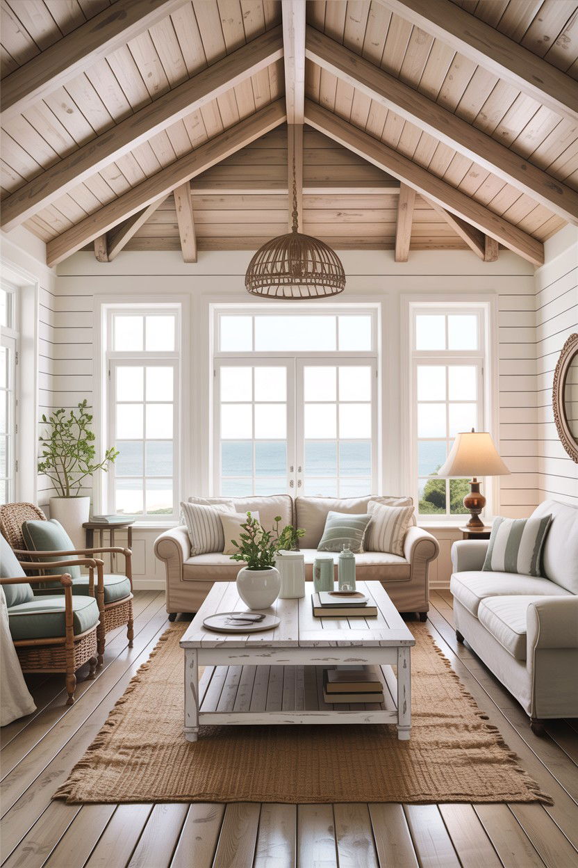 Coastal living room with white wash wood - 30 coastal chic living room ideas