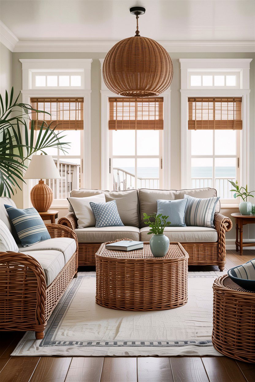 Coastal living room with wicker accents - 30 coastal chic living room ideas