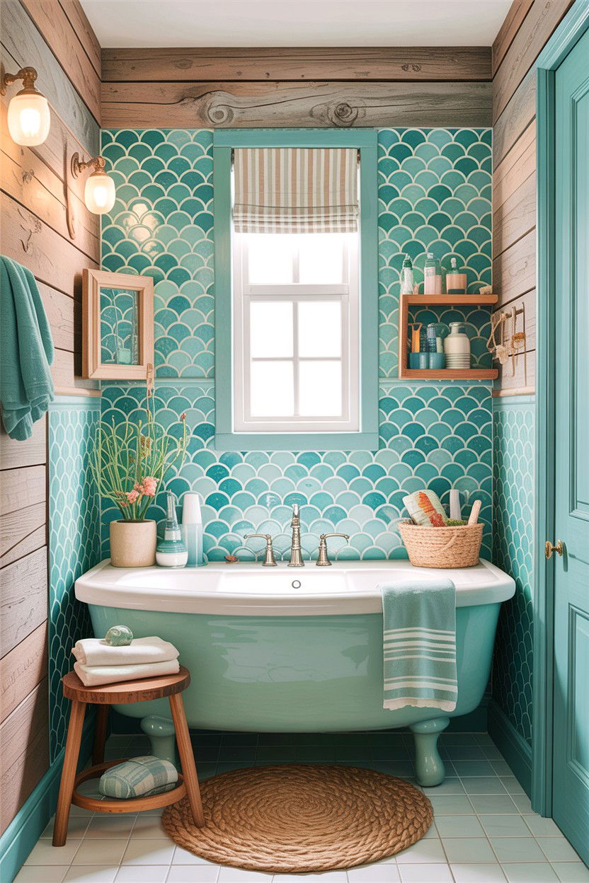 Coastal mermaid tile bathroom - 30 fish scale tile bathroom ideas