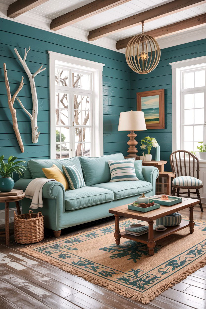 Coastal rustic teal living area - 30 rustic teal living room ideas
