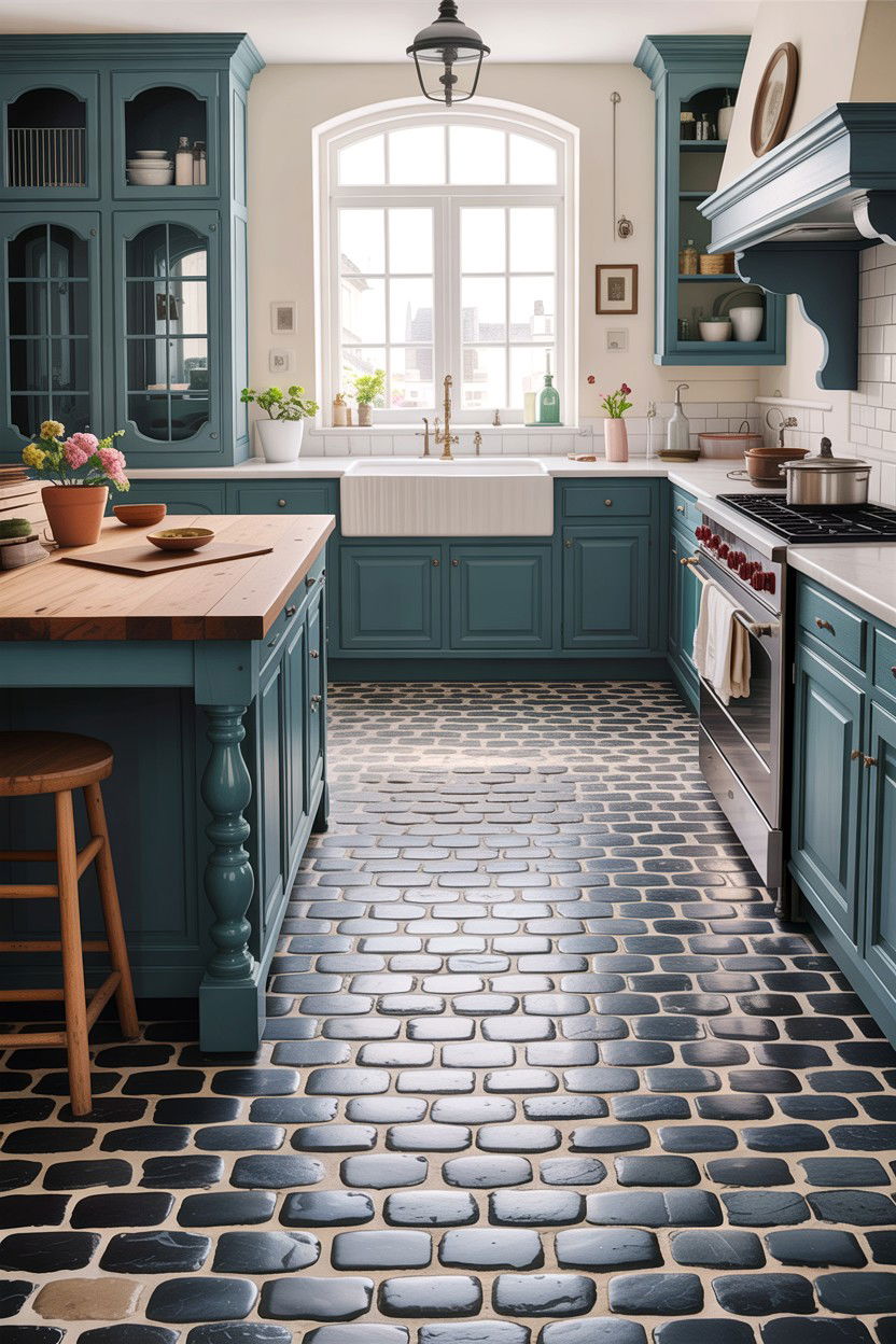 Cobblestone floor - 30 stone kitchen ideas
