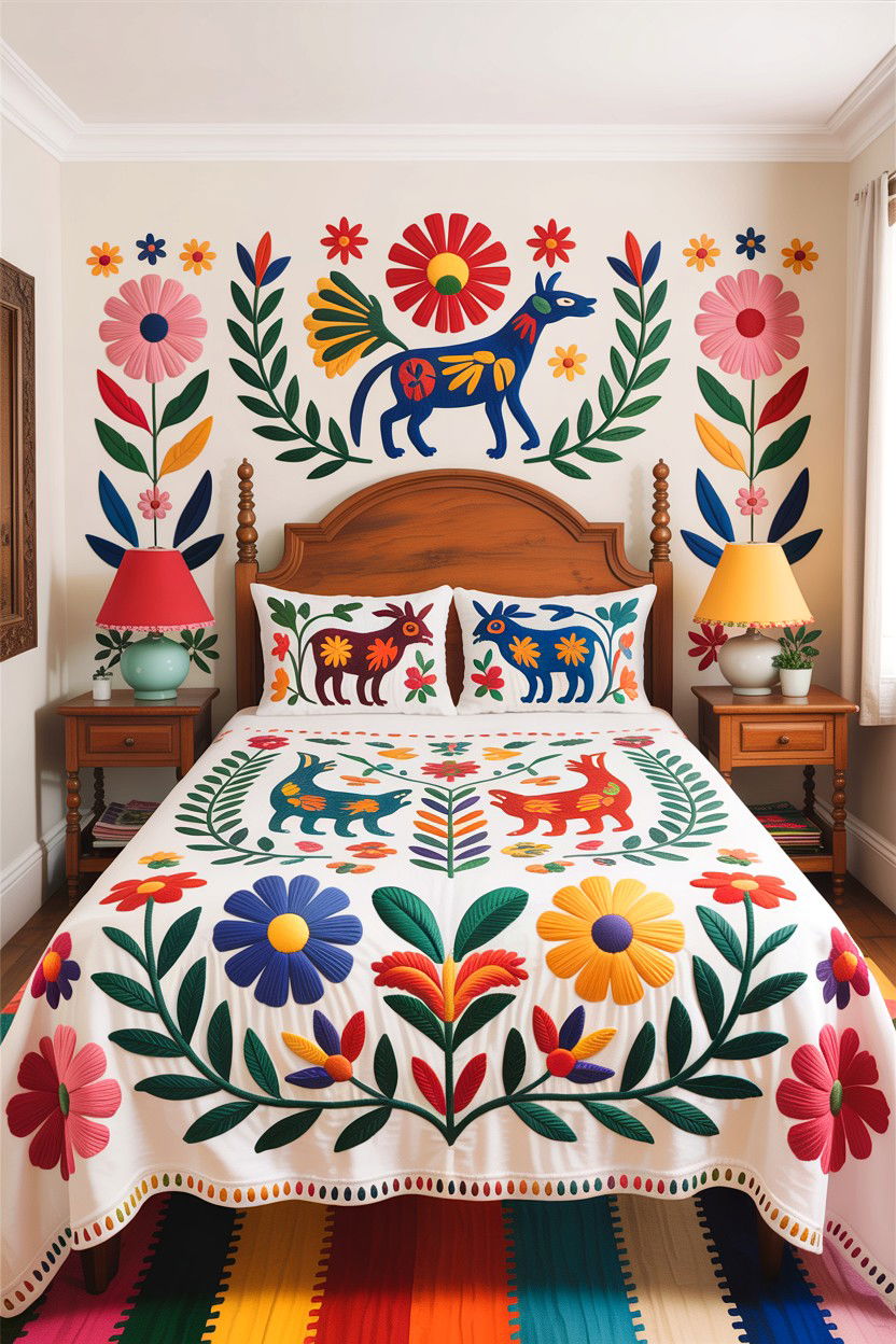 Colorful Mexican Otomi Bedspread - 30 embroidered bedroom ideas