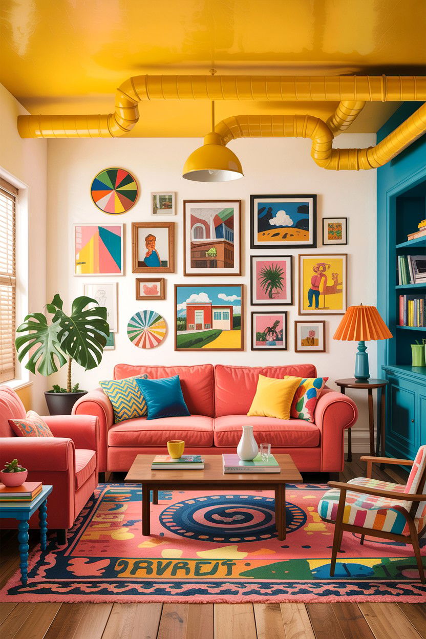 Colorful painted air ducts - 30 exposed ductwork living room ideas