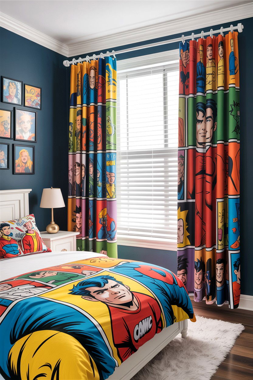 Comic book window treatments - 30 comic book bedroom ideas