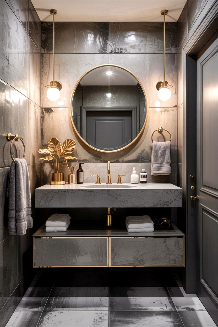 Concrete Gray Bathroom Gold Details - 30 gray and gold bathroom ideas