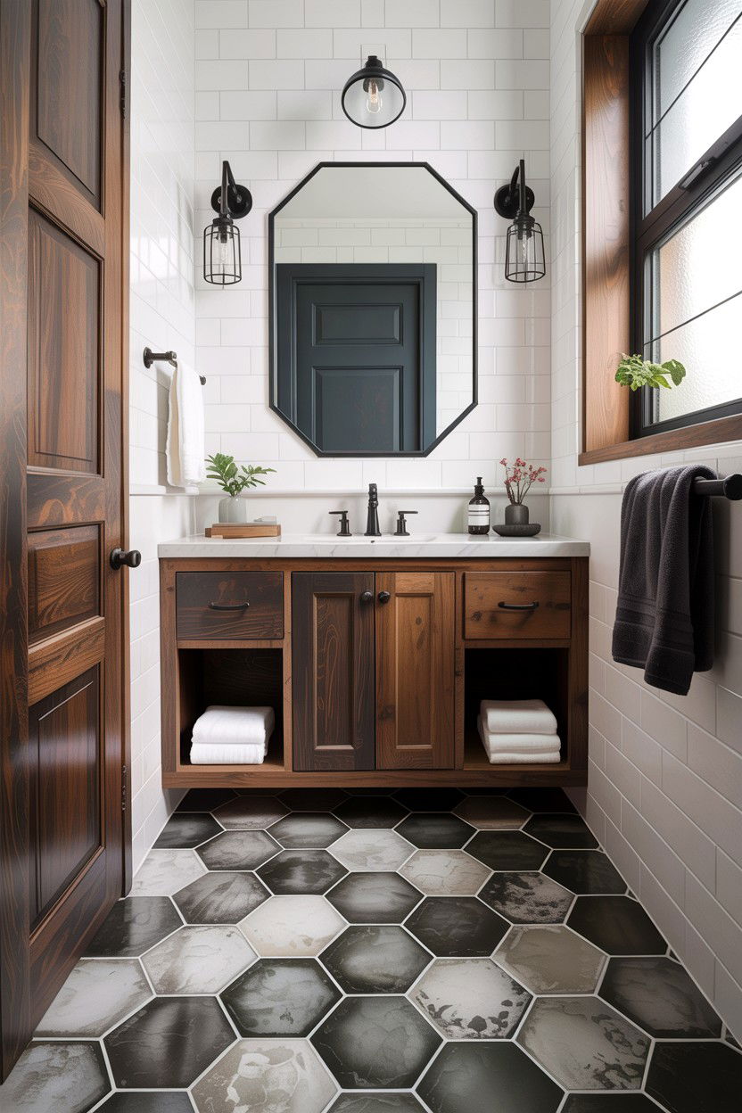 Concrete look hexagon tile floor - 30 honeycomb tile bathroom ideas