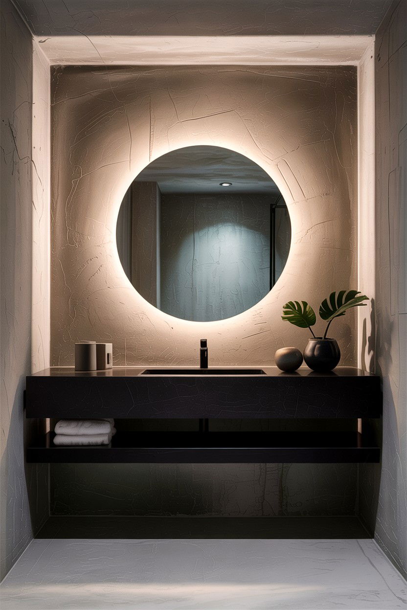 Concrete wall backlit mirror - 30 backlit bathroom mirror ideas