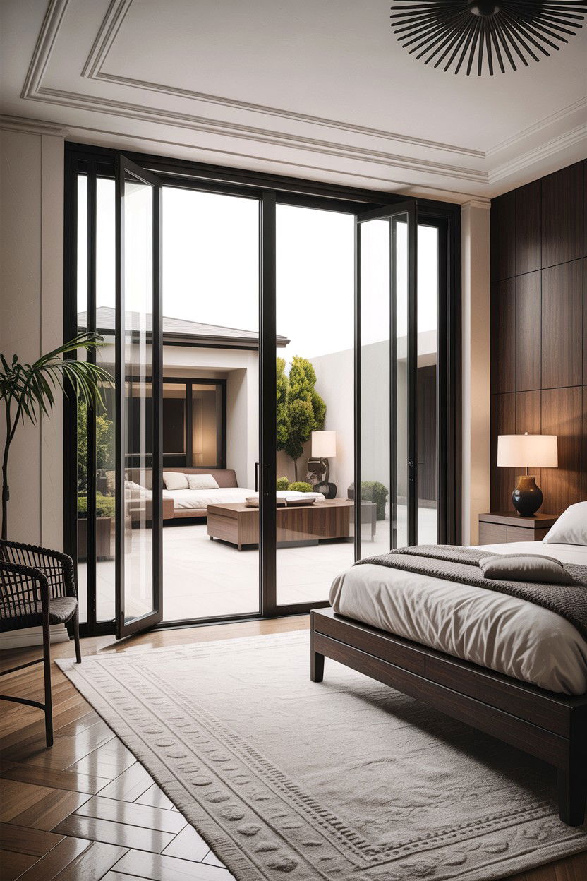 Contemporary bedroom with pivot patio doors - 30 bedroom with patio doors