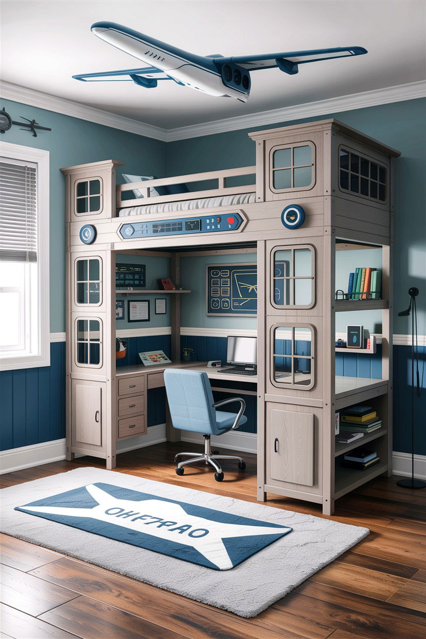 Control Tower Loft Bed - 30 airplane bedroom ideas