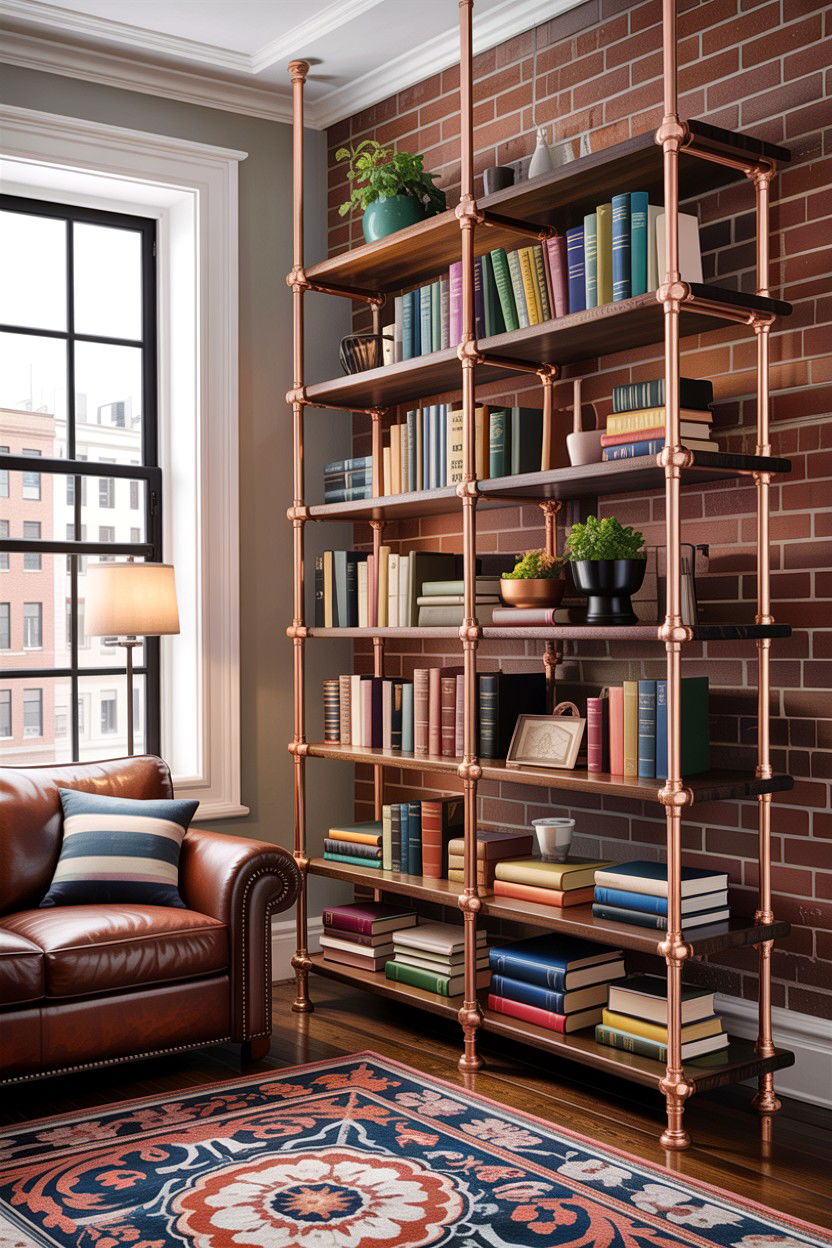 Copper Pipe Shelving - 30 handmade living room ideas